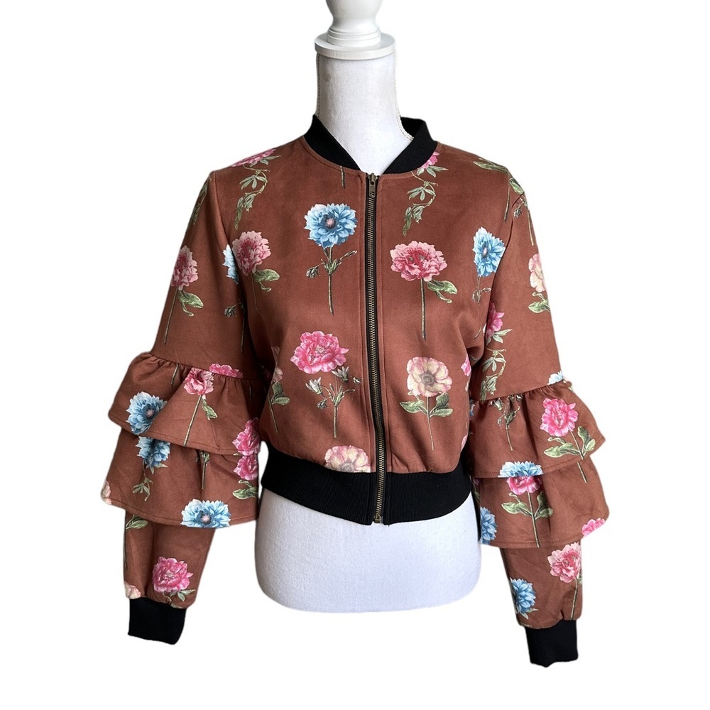 Jealous Tomato Faux Suede Crop Bomber Floral Bell Sleeve Jacket Size Sma…